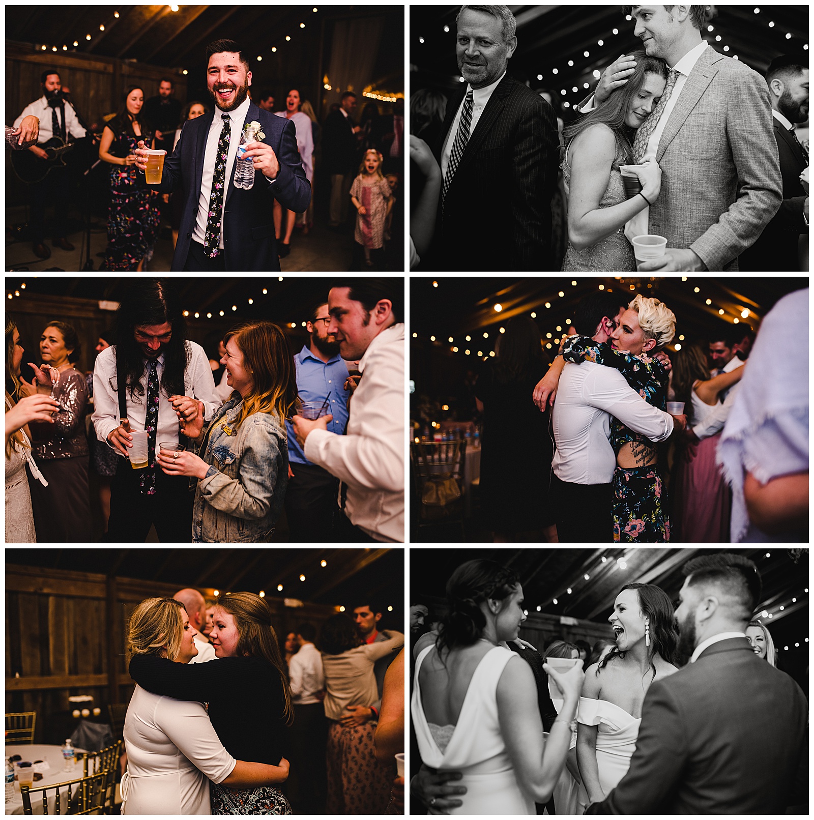 Guests dancing at the reception while the live wedding band plays. 