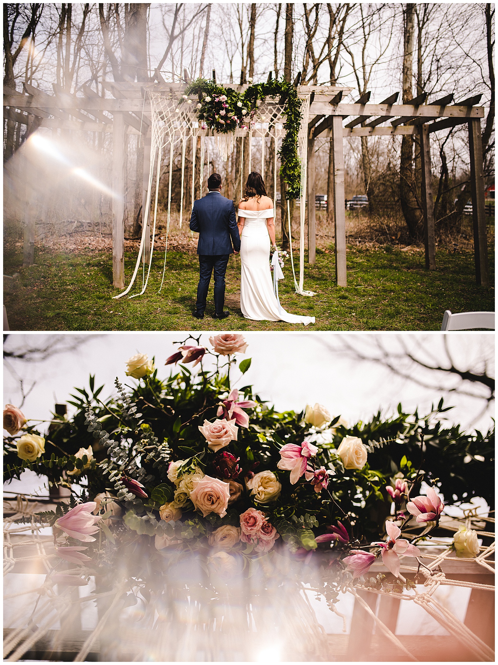 Bride and Groom stand at their floral bohemian alter on their wedding day. 