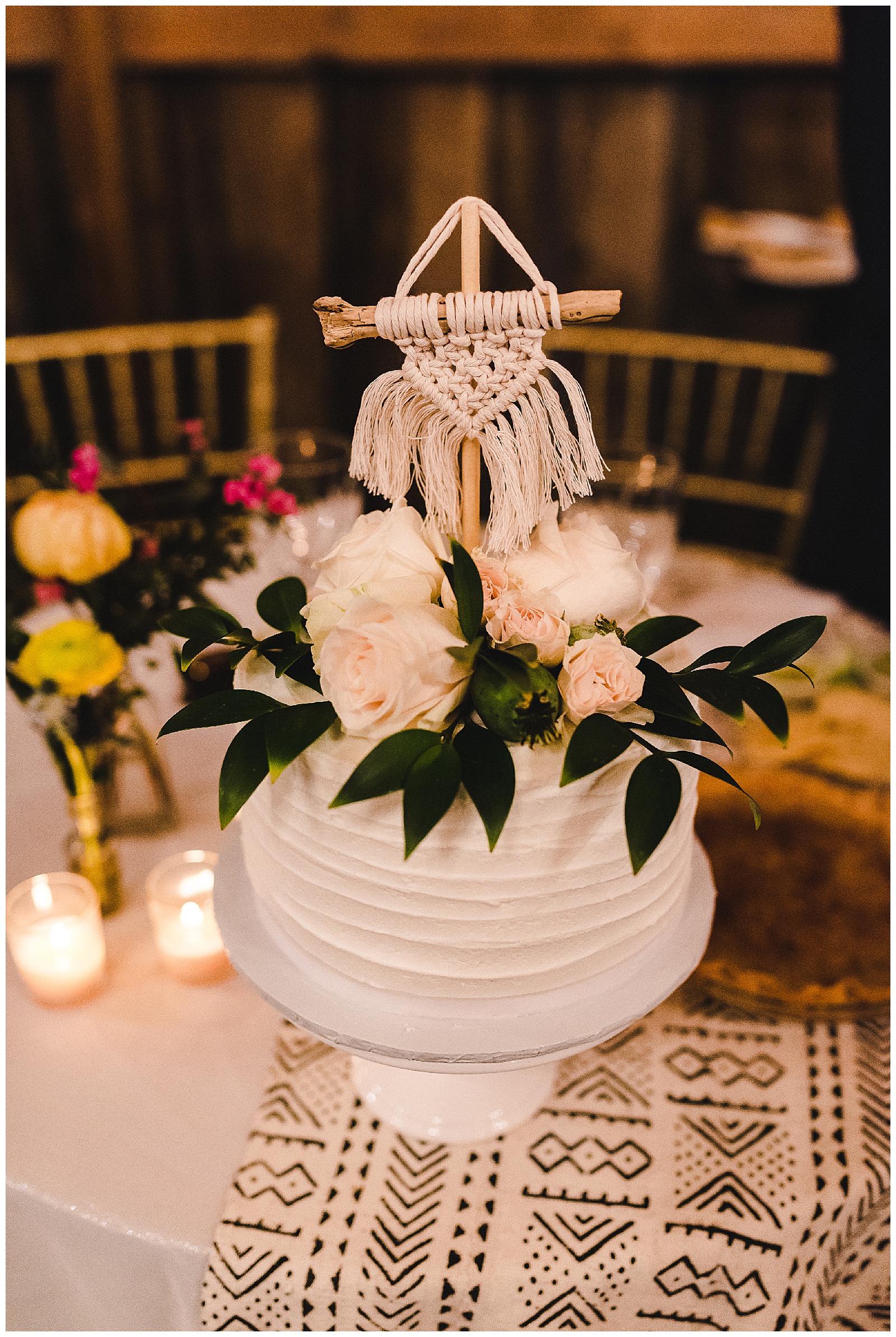 Bohemian chic cake with a macrame topper