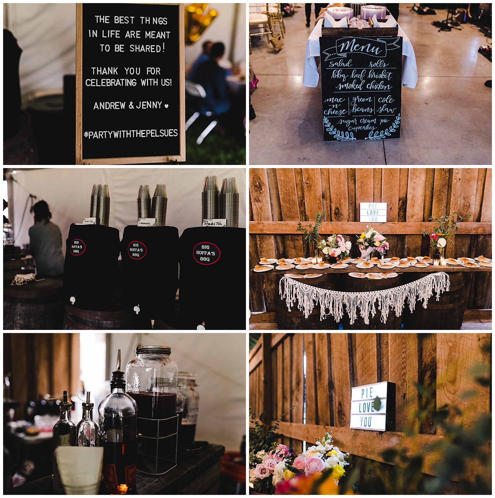 Bohemian chic wedding signs and details at the reception.