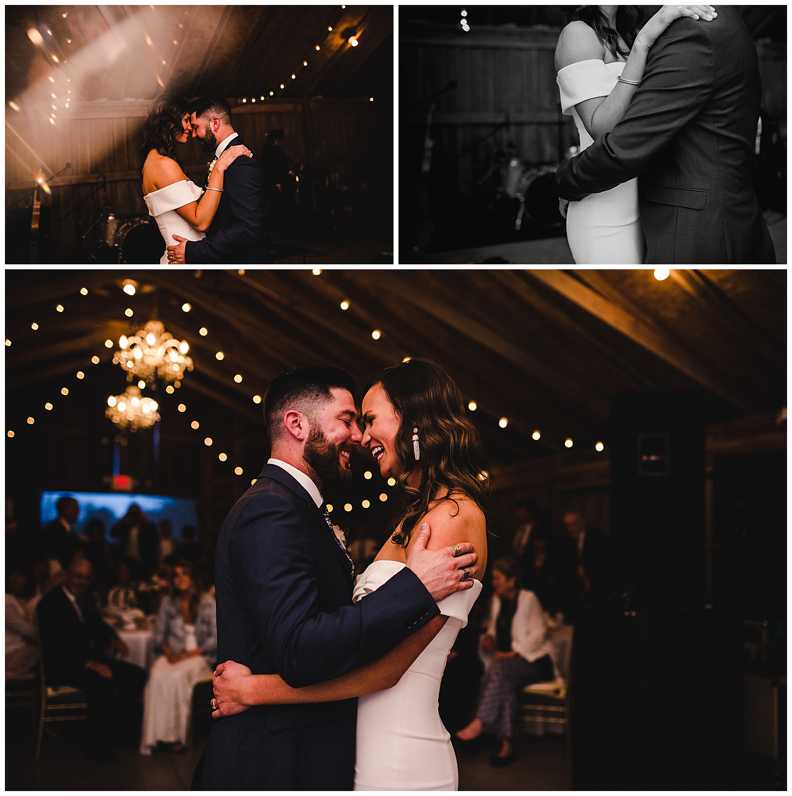 Bride and groom share their first dance under string lights in the barn. 
