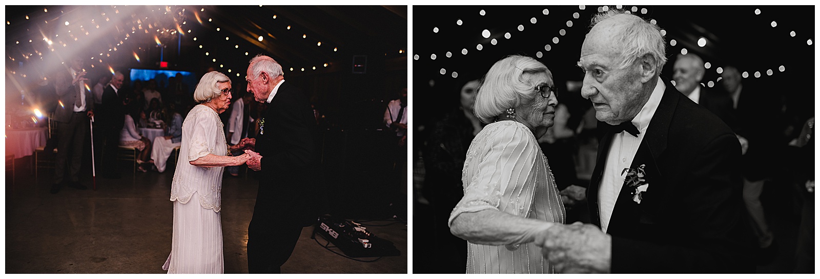The oldest couple dancing at the reception. 