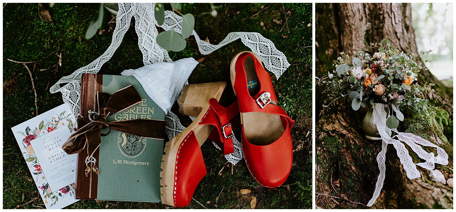 dutch wedding clogs with literary wedding details. Jewel toned eclectic florals, romantic and whimsical wedding invitations, whimsical flowers, whimsical wedding details
