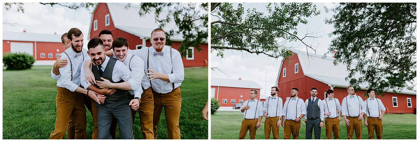 Groomsmen with suspenders, bowties, laughter, bohemian eclectic wedding